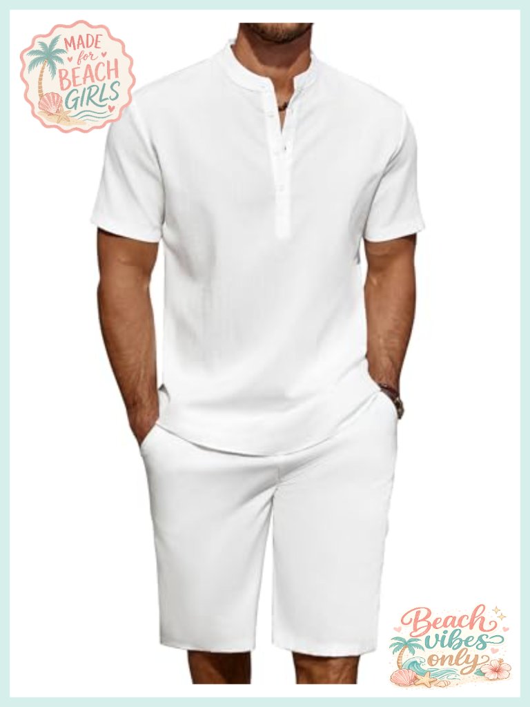 Men's 2-Piece Linen Set Henley Shirt Short Sleeve Beach Yoga Shorts Summer